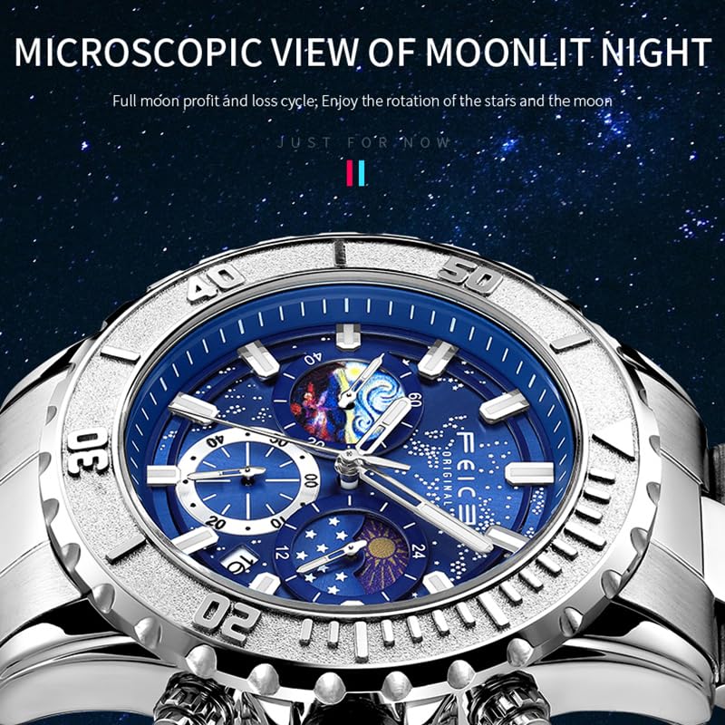 Feice Watch for Men's Quartz Watch with 24-Hour Display, Date, Luminous Hands, Starry Sky Dial, Stainless Steel Band, 3ATM Water Resistant Watches for Men-FK131 - Image 3