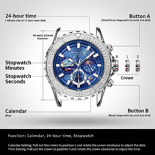 Feice Watch for Men's Quartz Watch with 24-Hour Display, Date, Luminous Hands, Starry Sky Dial, Stainless Steel Band, 3ATM Water Resistant Watches for Men-FK131 - Image 4