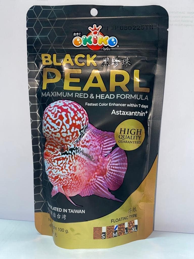 KENKO Okiko Black Pearl (Platinum) flowerhorn Fish Food with Maximum red & Head Formula, Fastest Color Enhancer Within 7 Days -100 GMS (Large) (Extra Large, Fish)