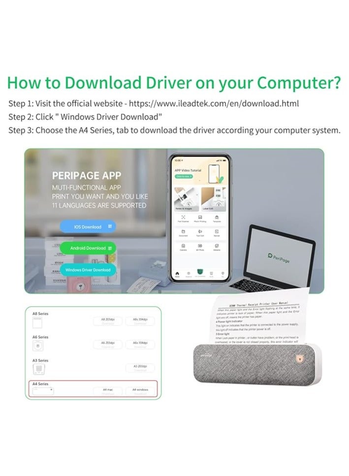 طابعة A4 محمولة بتقنية البلوتوث. متوافق مع أنظمة Android وiOS وأجهزة الكمبيوتر المحمولة، ويدعم عرض الورق مقاس 2 بوصة و3 بوصة و4 بوصة. بدون حبر ومثالي للسفر والدراسة والاستخدام المنزلي - Image 5