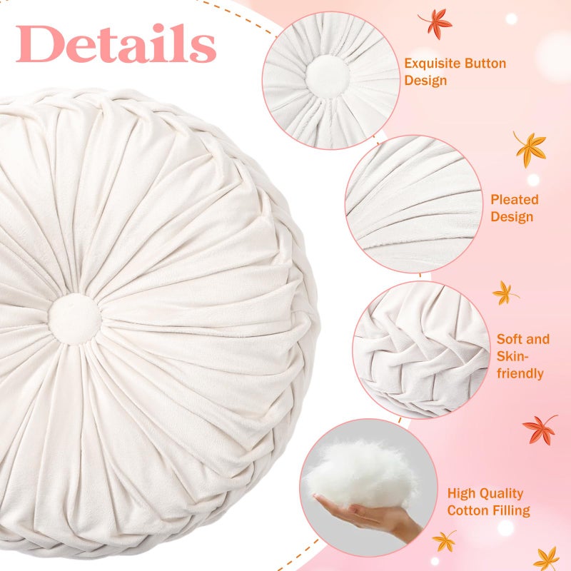 Beeveer 2 Pcs Round Throw Pillows 15 Inch Decorative Velvet Pleated Pumpkin Pillows Boho Floor Pillow with Center Button for Living Room Couch Chair Bed Sofa Home Decoration (Ivory) - Image 3