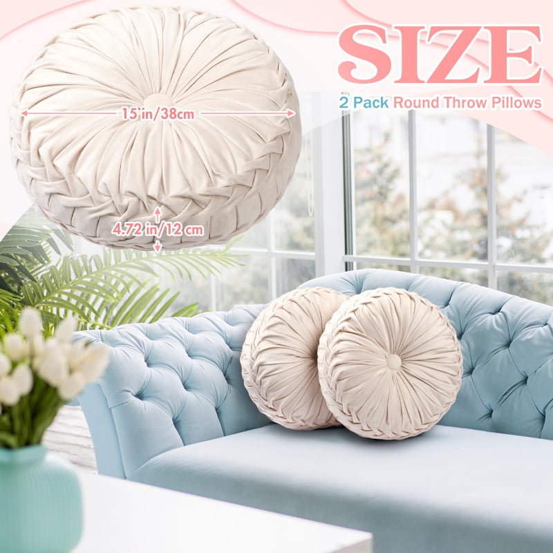 Beeveer 2 Pcs Round Throw Pillows 15 Inch Decorative Velvet Pleated Pumpkin Pillows Boho Floor Pillow with Center Button for Living Room Couch Chair Bed Sofa Home Decoration (Ivory) - Image 2