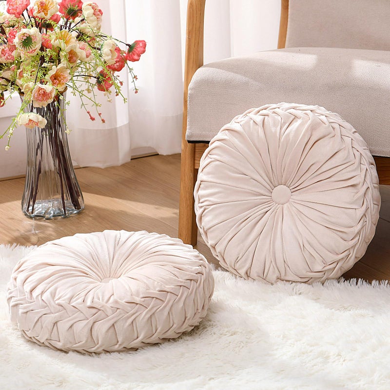 Beeveer 2 Pcs Round Throw Pillows 15 Inch Decorative Velvet Pleated Pumpkin Pillows Boho Floor Pillow with Center Button for Living Room Couch Chair Bed Sofa Home Decoration (Ivory) - Image 4