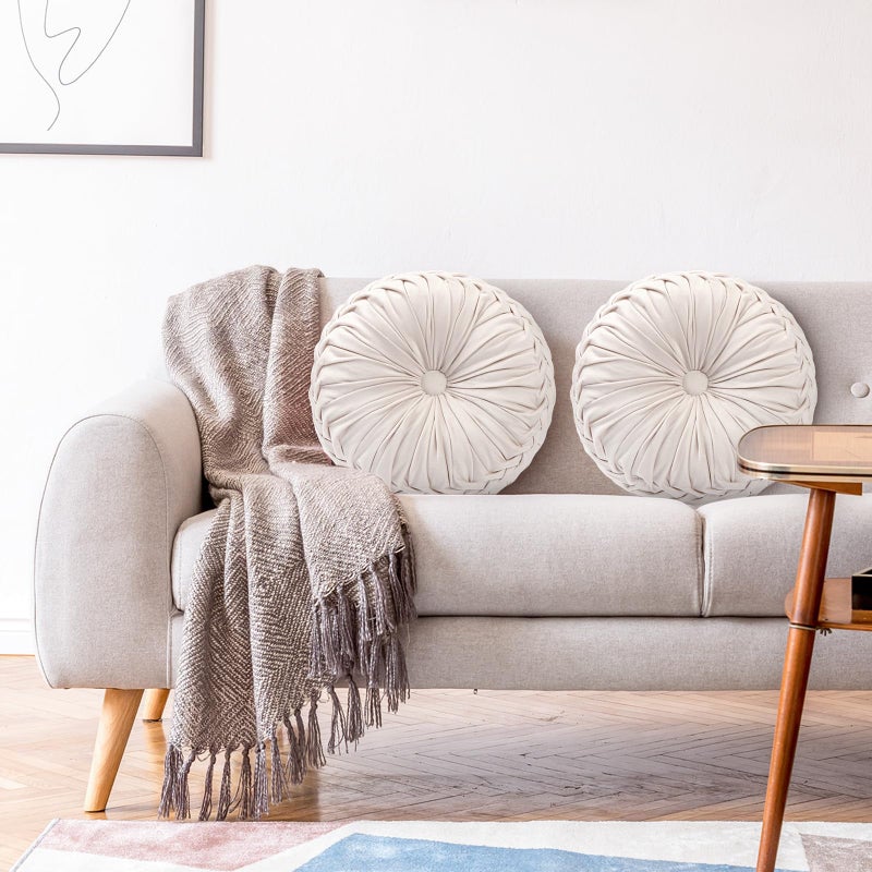 Beeveer 2 Pcs Round Throw Pillows 15 Inch Decorative Velvet Pleated Pumpkin Pillows Boho Floor Pillow with Center Button for Living Room Couch Chair Bed Sofa Home Decoration (Ivory) - Image 5