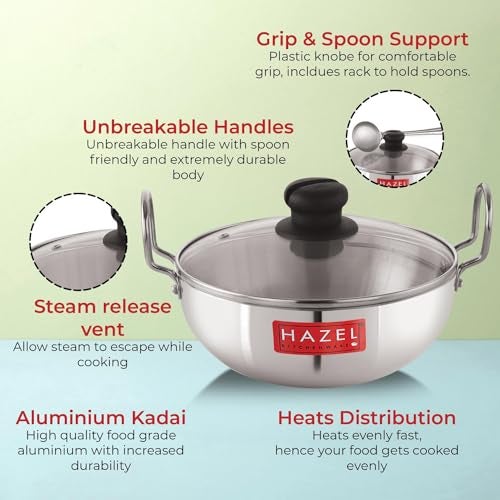 HAZEL Aluminium Kadhai with Glass Lid 4mm | Deep Frying Pan | Non Stick Cooking Vessel | Heavy Bottom Induction Kadai 3700 ml - Image 3