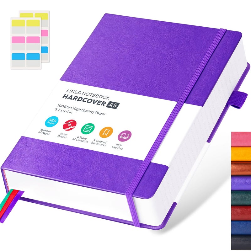 FOCUS DAY Lined Journal Notebook, 320 Pages Leather Hardcover Thick A5 College Ruled Thick Classic with Pen Loop, for Writing Women Men Office Work, 5.7'' X 8.4'', Pearlescent Purple - Image 1