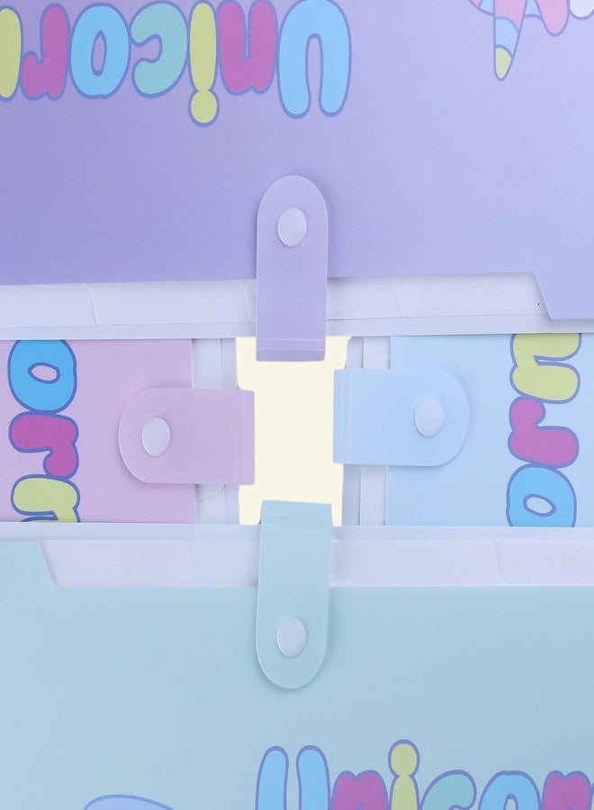 اس بي اس مجلدات ملفات قابلة للتوسيع من SPS بحجم A4 - عبوة من 4 قطع | تصميم يونيكورن | 5 جيوب | ألوان باستيل - أزرق، بنفسجي، أخضر، وردي | إغلاق بزر كبس | يناسب مقاس A4 ومقاس الرسائل | تصميم لطيف ومناسب للأطفال - Image 5