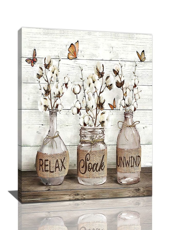 Tijuboni Farmhouse Bathroom Decor Wall Art Rustic Cotton Flower Pictures Canvas Prints Country Relax Soak Unwind Bathroom Sign Butterfly Artwork Modern Home Decor Ready to Hang 12"x16" - Image 1