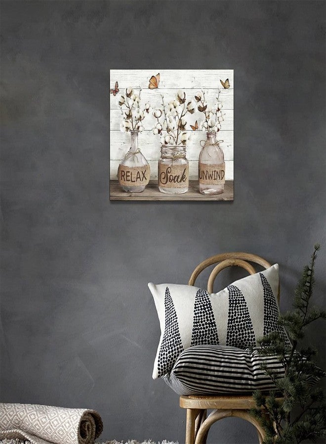 Tijuboni Farmhouse Bathroom Decor Wall Art Rustic Cotton Flower Pictures Canvas Prints Country Relax Soak Unwind Bathroom Sign Butterfly Artwork Modern Home Decor Ready to Hang 12"x16" - Image 3