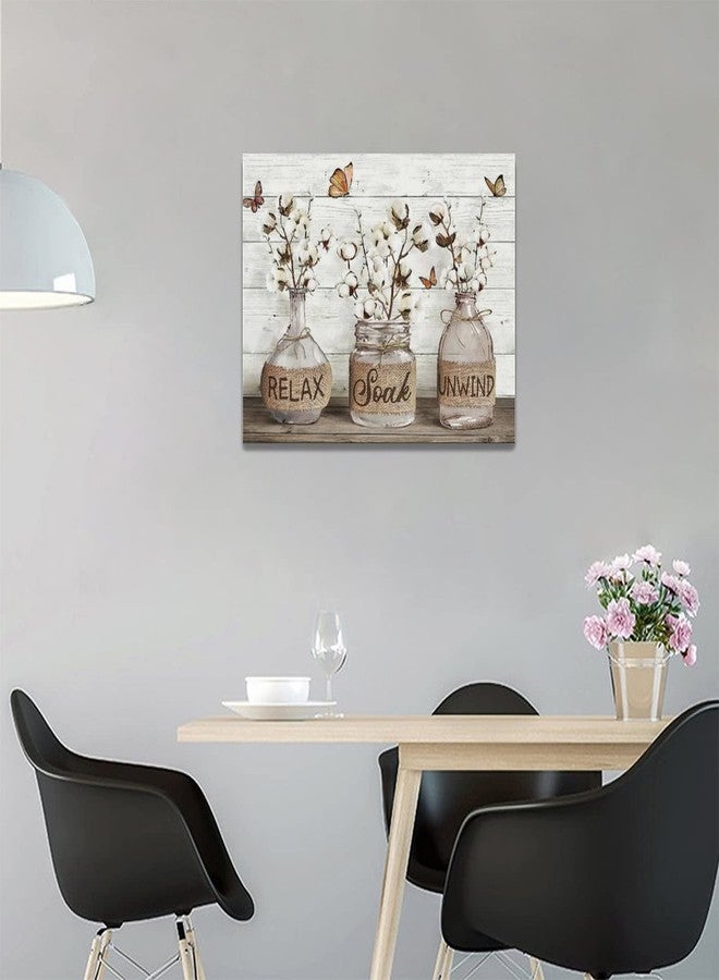 Tijuboni Farmhouse Bathroom Decor Wall Art Rustic Cotton Flower Pictures Canvas Prints Country Relax Soak Unwind Bathroom Sign Butterfly Artwork Modern Home Decor Ready to Hang 12"x16" - Image 4