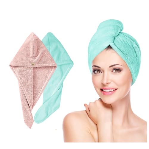 Fezora Hair Towel Wrap for Women (Pack of 2) | Quick-Dry Microfiber Hair Turban with Elastic Loop | Super Absorbent Hair Drying Towel for Ladies & Girls (Orange & Pista Green) - Image 1