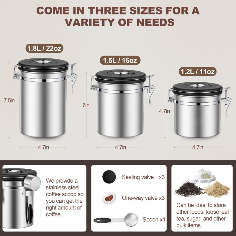 ShanSon Coffee Canister Airtight Coffee Container Stainless Steel Coffee Bean Storage Container with Scoop Coffee Canister for Beans Grounds Sugar Flour Tea Cereal,11OZ,Silver - Image 3
