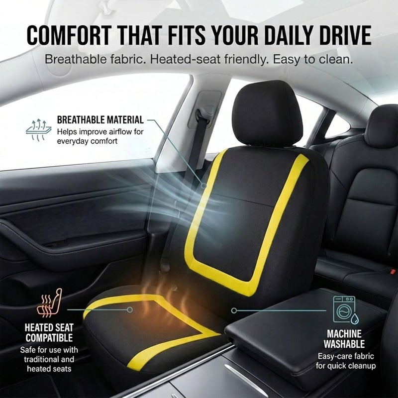 FH Group FB032YELLOW114 Yellow Unique Flat Cloth Car Seat Cover (w. 4 Detachable Headrests and Solid Bench) Salt resistant coating - Image 3
