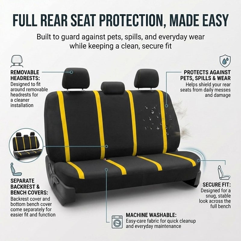 FH Group FB032YELLOW114 Yellow Unique Flat Cloth Car Seat Cover (w. 4 Detachable Headrests and Solid Bench) Salt resistant coating - Image 5