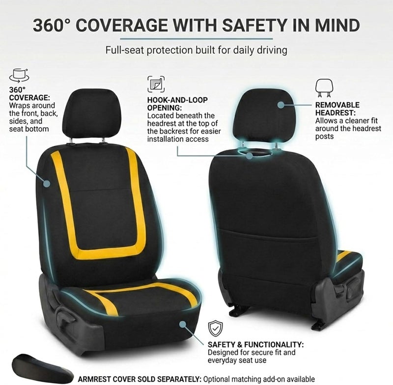 FH Group FB032YELLOW114 Yellow Unique Flat Cloth Car Seat Cover (w. 4 Detachable Headrests and Solid Bench) Salt resistant coating - Image 4