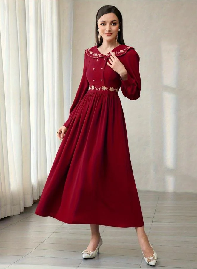تايك تو Red Long Sleeves Embroidered A-Line Maxi Dress