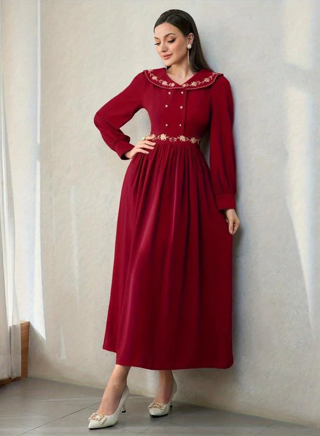 تايك تو Red Long Sleeves Embroidered A-Line Maxi Dress