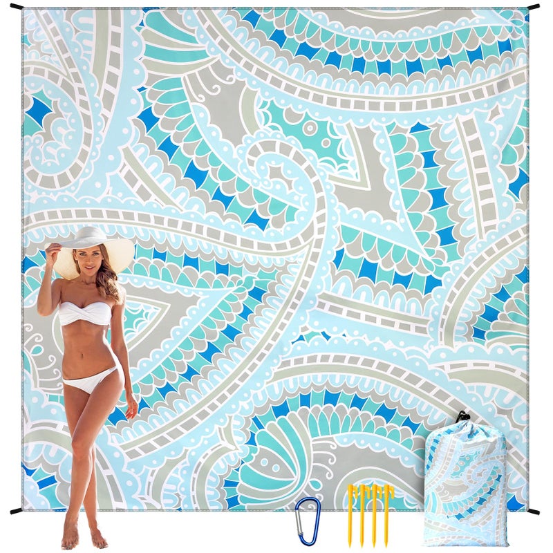 WIWIGO Beach Blanket Sandproof Extra Large Beach Mat Adults Waterproof Quick Drying Sand Free Mat with 4 Stakes & 4 Corner Pockets for Outdoor Travel Camping Hiking Blue 79" X 83" - Image 1