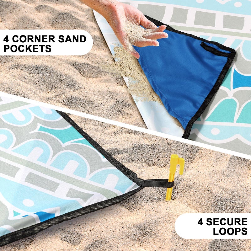 WIWIGO Beach Blanket Sandproof Extra Large Beach Mat Adults Waterproof Quick Drying Sand Free Mat with 4 Stakes & 4 Corner Pockets for Outdoor Travel Camping Hiking Blue 79" X 83" - Image 3
