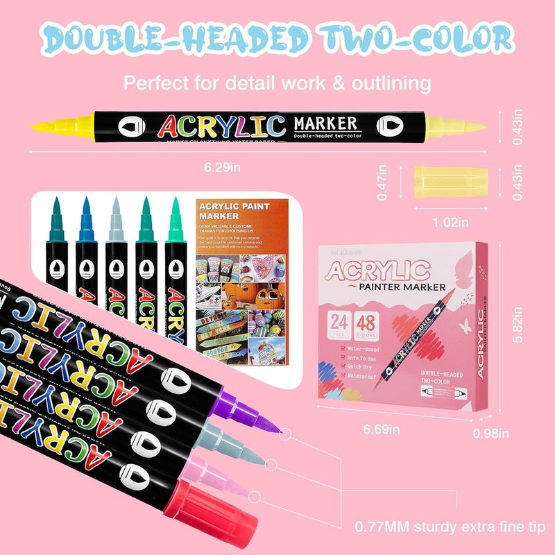 Excefore 48 Colors Fabric Markers, Paint Pens Acrylic Markers Set, 24 Pcs Dual Brush Tip & Two Colors Acrylic Paint Pens, Waterproof, Quick Dry For Clothing Glass, Rock Painting, Wood, Diy Crafts - Image 2