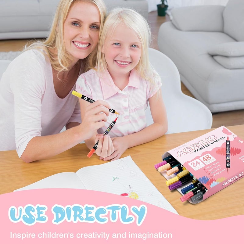 Excefore 48 Colors Fabric Markers, Paint Pens Acrylic Markers Set, 24 Pcs Dual Brush Tip & Two Colors Acrylic Paint Pens, Waterproof, Quick Dry For Clothing Glass, Rock Painting, Wood, Diy Crafts - Image 4