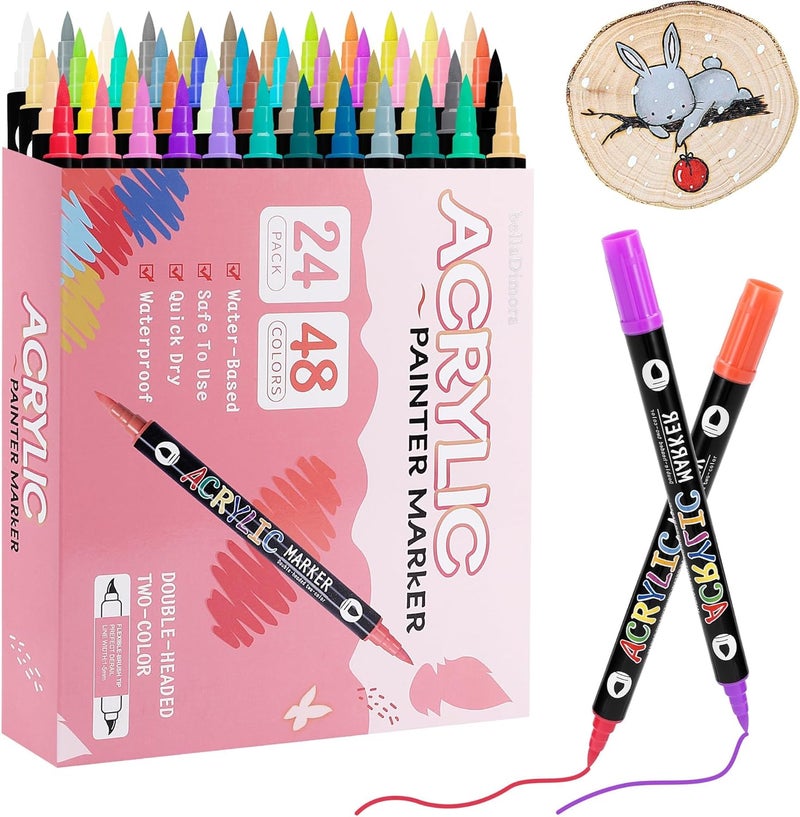 Excefore 48 Colors Fabric Markers, Paint Pens Acrylic Markers Set, 24 Pcs Dual Brush Tip & Two Colors Acrylic Paint Pens, Waterproof, Quick Dry For Clothing Glass, Rock Painting, Wood, Diy Crafts - Image 1