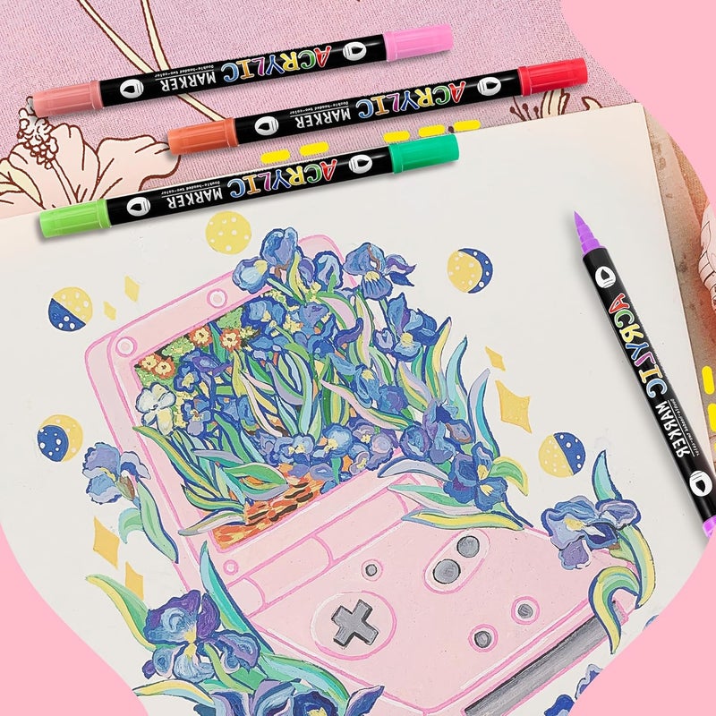 Excefore 48 Colors Fabric Markers, Paint Pens Acrylic Markers Set, 24 Pcs Dual Brush Tip & Two Colors Acrylic Paint Pens, Waterproof, Quick Dry For Clothing Glass, Rock Painting, Wood, Diy Crafts - Image 5