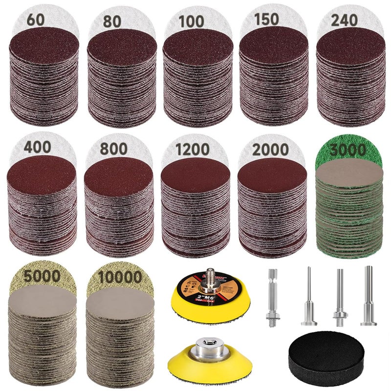 GOH DODD 367 قطعة من أقراص الصنفرة بحجم 2 بوصة، ورق صنفرة جاف ورطب من GOH DODD مع وسادة واجهة ولوحة دعم بساق 1/4 بوصة و1/8 بوصة، حبيبات من 60 إلى 10000، ورق صنفرة كاشط للطحن للاستخدام مع المعادن والزجاج والراتنج والخشب في السيارات - Image 1