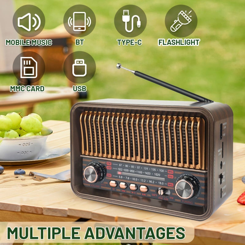 Brown Retro Portable AM FM Radio Speaker With LED Light - Image 1