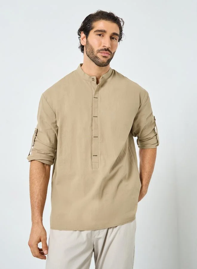 Styli Styli Men Mandarin Collar Half Placket Regular Fit Shirt
