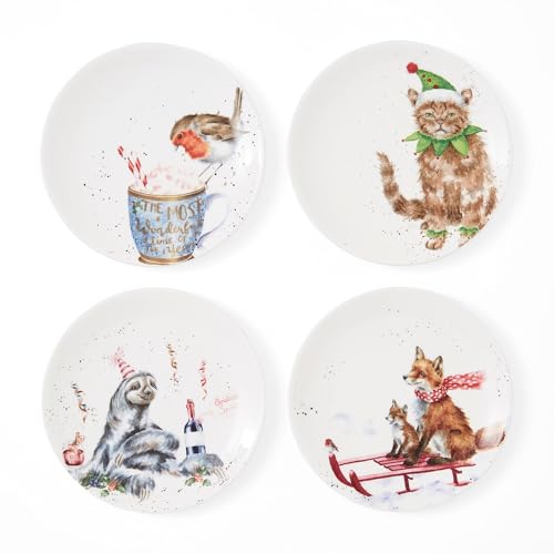 Royal Worcester Wrendale Designs Holiday 6.5" Coupe Plate (Set of 4) - Sloth, Robin, Fox, & Cat Motifs - Microwave, Dishwasher, Freezer Safe - Bone China Holiday Tableware for Festive Entertaining - Image 1