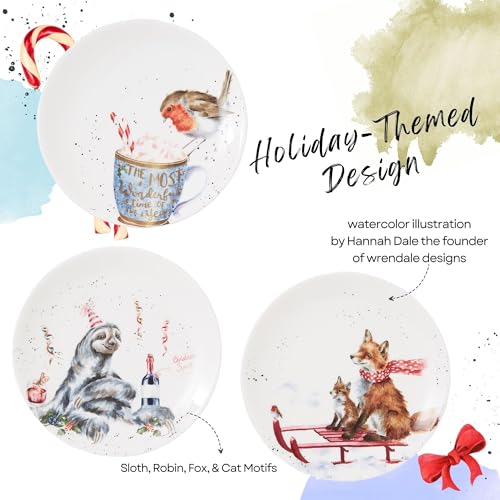 Royal Worcester Wrendale Designs Holiday 6.5" Coupe Plate (Set of 4) - Sloth, Robin, Fox, & Cat Motifs - Microwave, Dishwasher, Freezer Safe - Bone China Holiday Tableware for Festive Entertaining - Image 3