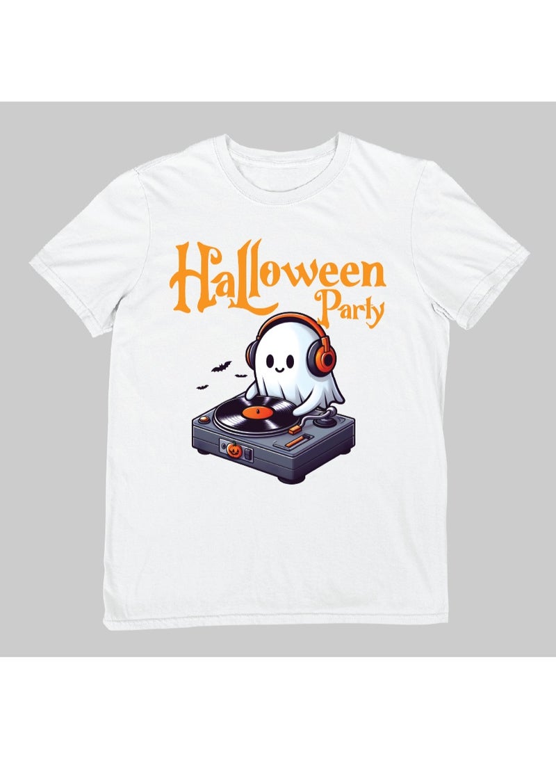 تي شيرت حفلات الهالوين DJ Ghost - تي شيرت بأكمام قصيرة للجنسين، ملابس كاجوال، قطن خالص لطيف وعصري، أبيض