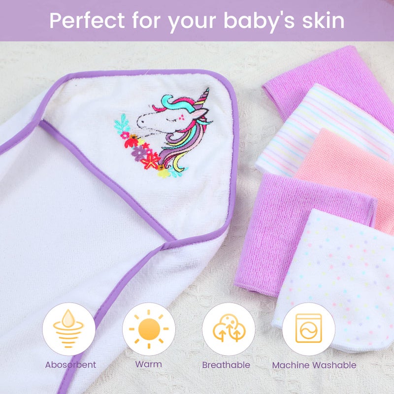 Viviland Baby Towels and Washcloths, Soft Absorbent Purple Baby Bath Towel Set, Unicorn Hooded Towels with 5 Infant Face Washcloths (6 Pieces) - Image 4