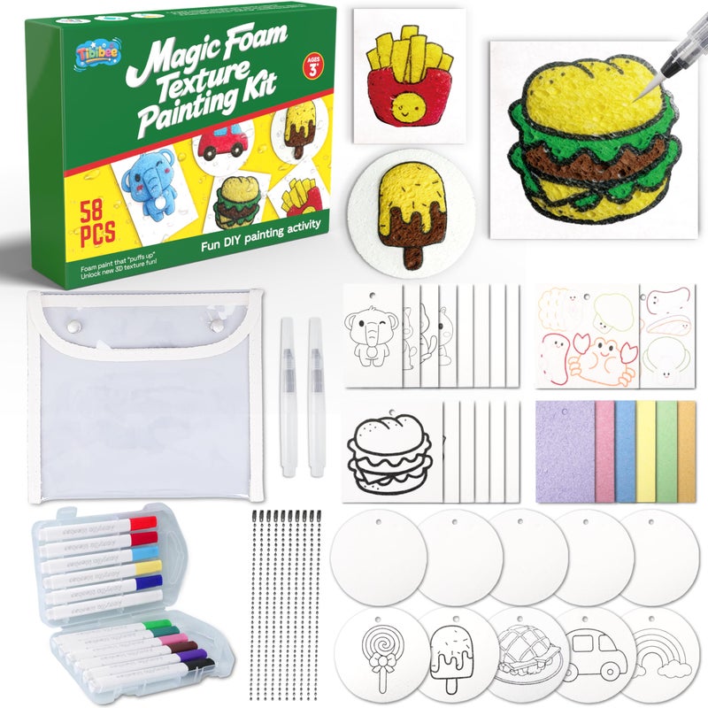 Tibibee 58 Pcs Magic Foam Texture Painting Kit, Magic Puffy Paint Kitâ€“32 Pcs Foam Texture Paper, 12 Acrylic Markers, Magical 3D Effect Texture DIY Painting Set, Great Gifts for Kids Ages 3â€“8 - Image 1