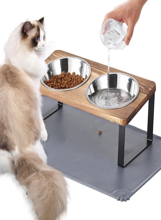 Summark Upgraded Elevated Cat Bowls with Food Mat,15°Tilted Stand Anti Vomiting Raised Cat Dishes for Food and Water,2 Stainless Steel Bowls for Cats and Puppy（Rustic Brown） - Image 1