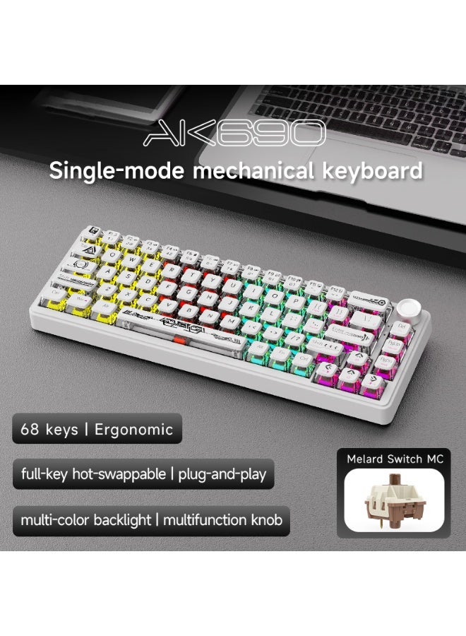 A-jazz AK690 full key hot swappable multifunctional metal knob semi transparent keycap semi transparent white mixed light DIY wired version mechanical keyboard - Image 2