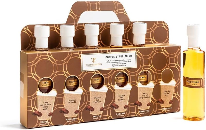 Tilz مجموعة هدايا شراب القهوة الفاخر من تيلز - 6 × 75 مل بنكهات متنوعة: فانيليا، كراميل، توفي، بندق، أماريتو، نعناع - Image 1
