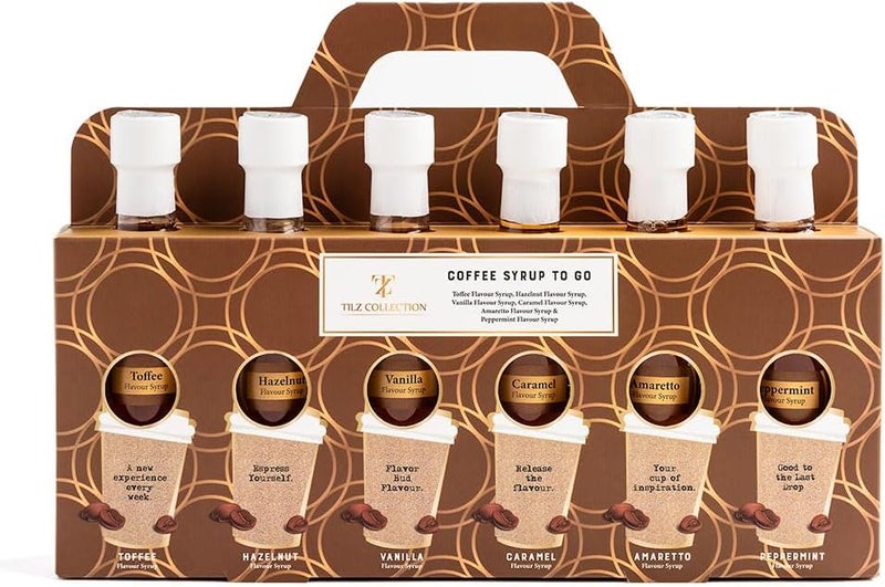 Tilz مجموعة هدايا شراب القهوة الفاخر من تيلز - 6 × 75 مل بنكهات متنوعة: فانيليا، كراميل، توفي، بندق، أماريتو، نعناع - Image 2