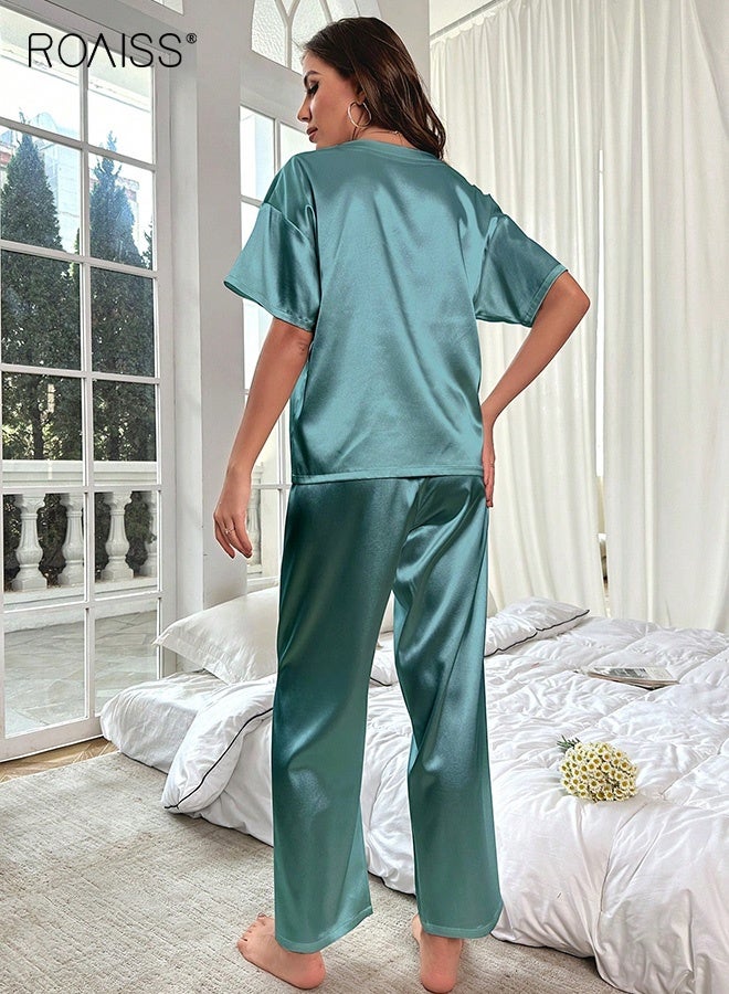 roaiss Women's Ice Silk Pajamas Set Short Sleeve T-Shirt Trousers Home Clothes Loose Casual Suit Ladies Satin Silky Solid Simple Pajama Comfort Soft PJ Loungewear Green - Image 5