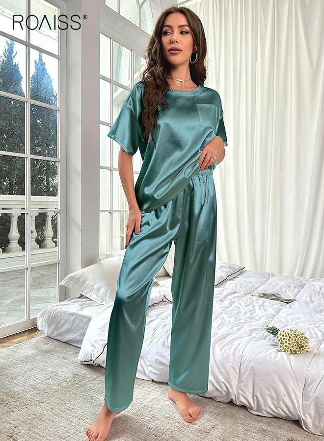 roaiss Women's Ice Silk Pajamas Set Short Sleeve T-Shirt Trousers Home Clothes Loose Casual Suit Ladies Satin Silky Solid Simple Pajama Comfort Soft PJ Loungewear Green - Image 4
