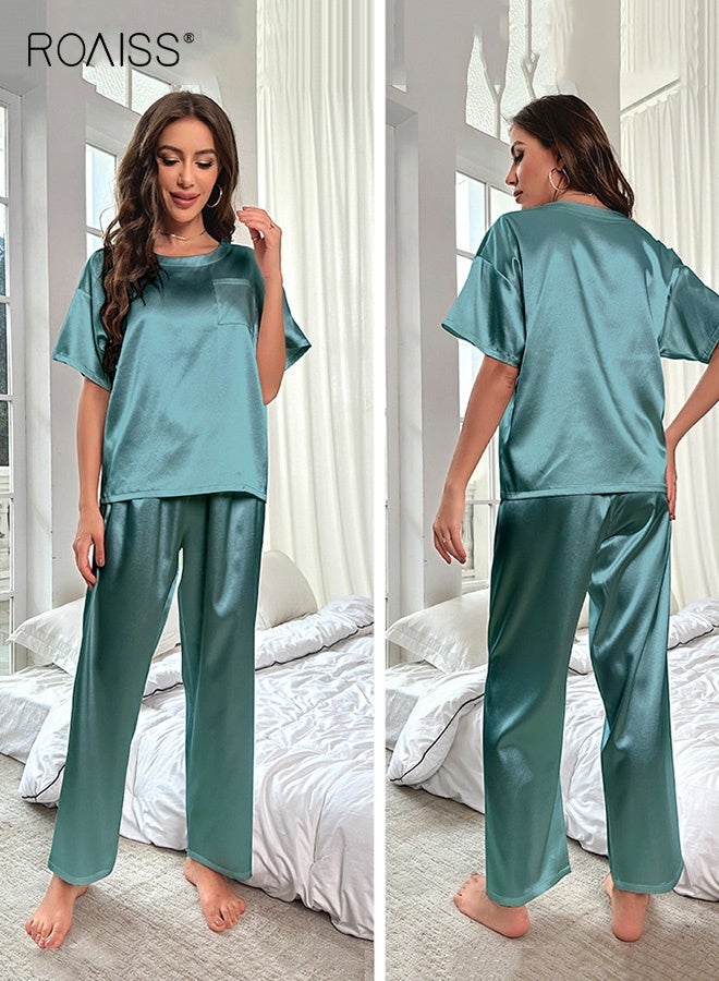 roaiss Women's Ice Silk Pajamas Set Short Sleeve T-Shirt Trousers Home Clothes Loose Casual Suit Ladies Satin Silky Solid Simple Pajama Comfort Soft PJ Loungewear Green - Image 3