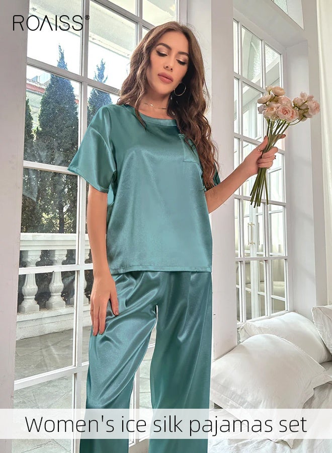 roaiss Women's Ice Silk Pajamas Set Short Sleeve T-Shirt Trousers Home Clothes Loose Casual Suit Ladies Satin Silky Solid Simple Pajama Comfort Soft PJ Loungewear Green - Image 1