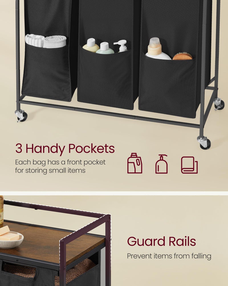 VASAGLE Laundry Sorter, 43.5 Gal. (165 L) Laundry Hamper Basket with 3 Compartments, Rolling Cart with Wheels, Shelf, Removable Bags, Pockets, Ink Black and Rustic Brown UBLH031B01 - Image 4