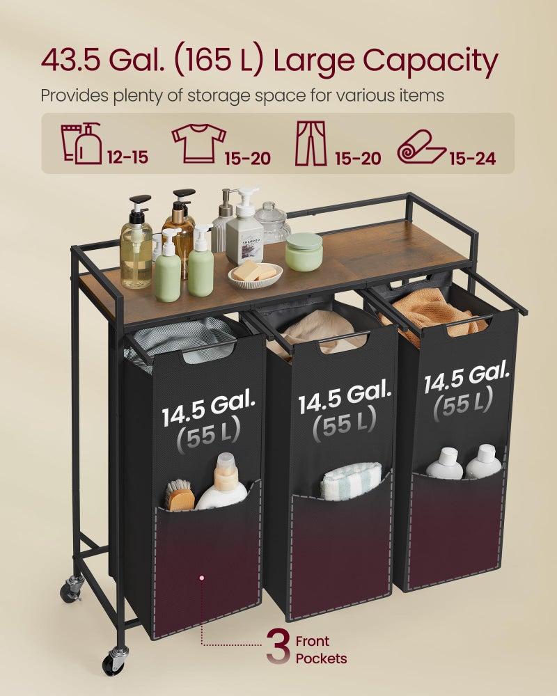 VASAGLE Laundry Sorter, 43.5 Gal. (165 L) Laundry Hamper Basket with 3 Compartments, Rolling Cart with Wheels, Shelf, Removable Bags, Pockets, Ink Black and Rustic Brown UBLH031B01 - Image 3