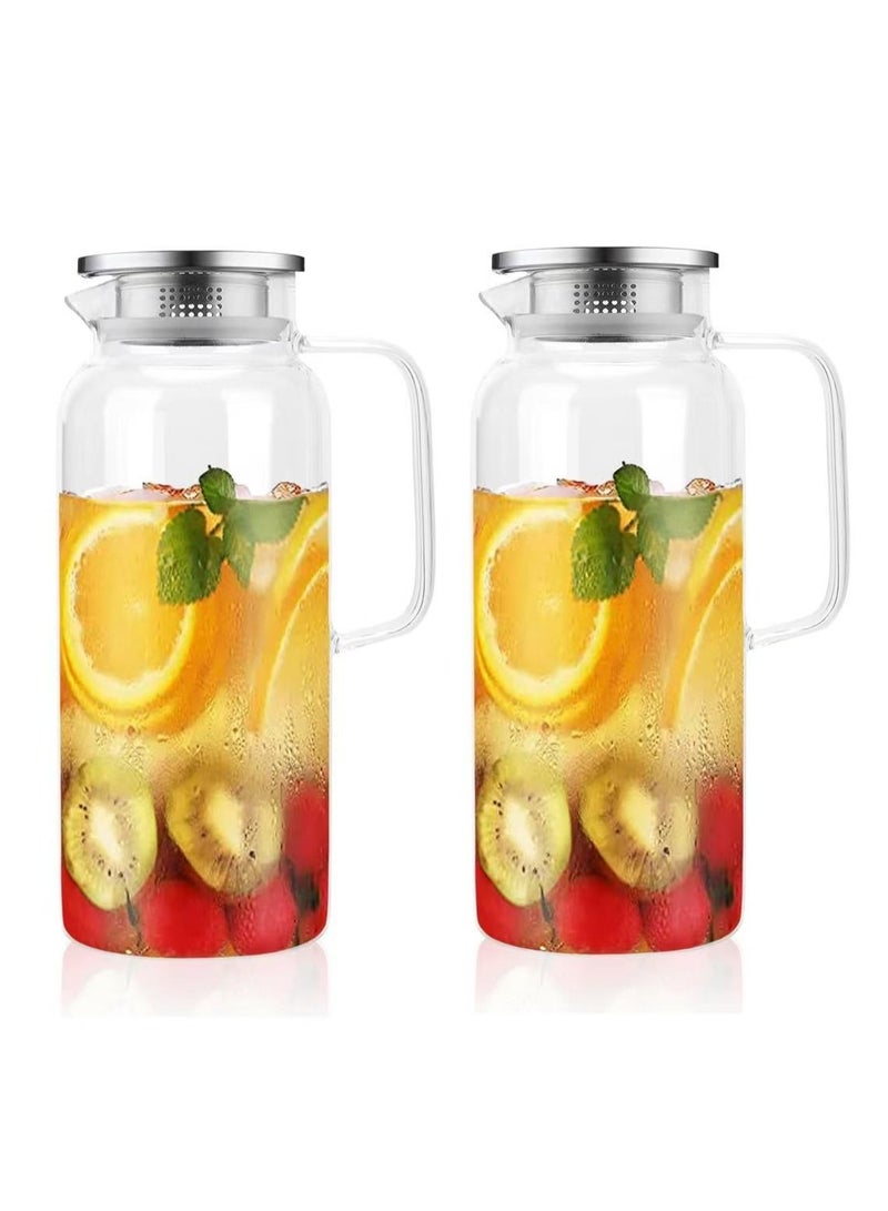 2pcs Glass Pitcher Glass Bottles Tea Pot Glass Kettle with Lid 1.8L Glass Jar with Scale and Handle for Fridge Water Bottle for Hot/Cold Wate Milk Juice Drinks - Image 1