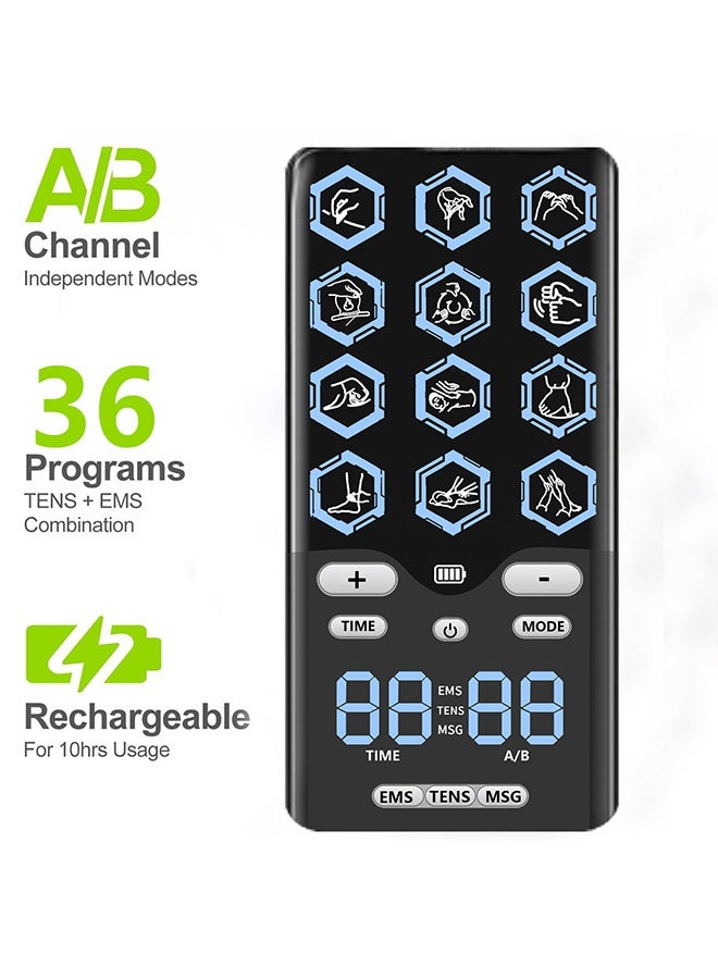 هاهاهاي جهاز تحفيز العضلات TENS و EMS المطور - جهاز علاج طبيعي منزلي بالنبضات الكهربائية قابل للشحن - مدلك الكتروني بـ 12 أوضاع و36 مستوى شدة لتخفيف آلام الظهر والرقبة واستشفاء العضلات قناة مزدوجة (يشمل 12 وسادة كهربائية) - Image 4