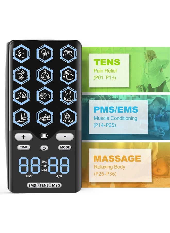 هاهاهاي جهاز تحفيز العضلات TENS و EMS المطور - جهاز علاج طبيعي منزلي بالنبضات الكهربائية قابل للشحن - مدلك الكتروني بـ 12 أوضاع و36 مستوى شدة لتخفيف آلام الظهر والرقبة واستشفاء العضلات قناة مزدوجة (يشمل 12 وسادة كهربائية) - Image 3