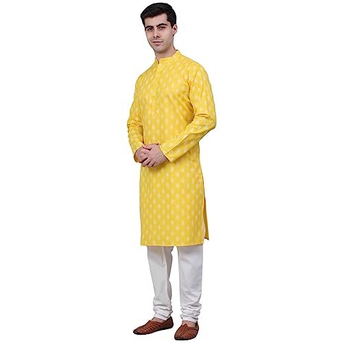 Jompers Men's Cotton Floral Printed Kurta Pyjama Set (Lemon, Large) - Image 3