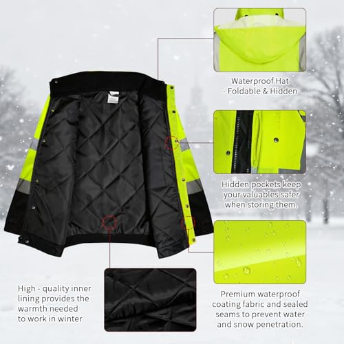 LIZMOF Hi Vis Jackets for Men, Safety Jackets for Men and Women with Pockets, Reflective Construction Work Coat, High Visibility Rain Gear, Waterproof, Yellow, XL - Image 4